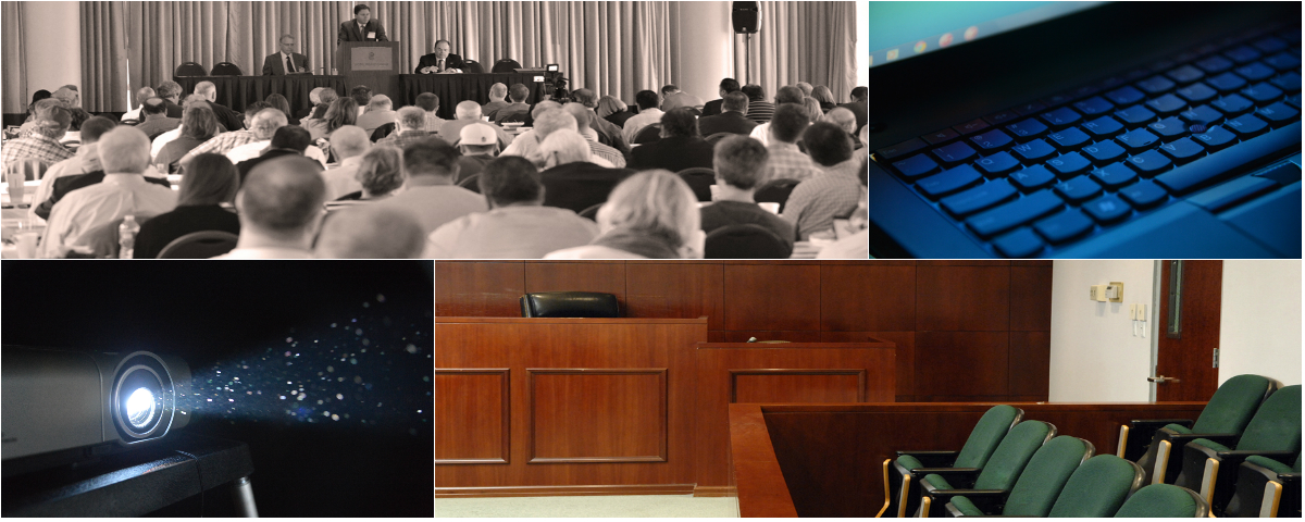 Legal presentation collage of screen & audience, projectors and keyboards