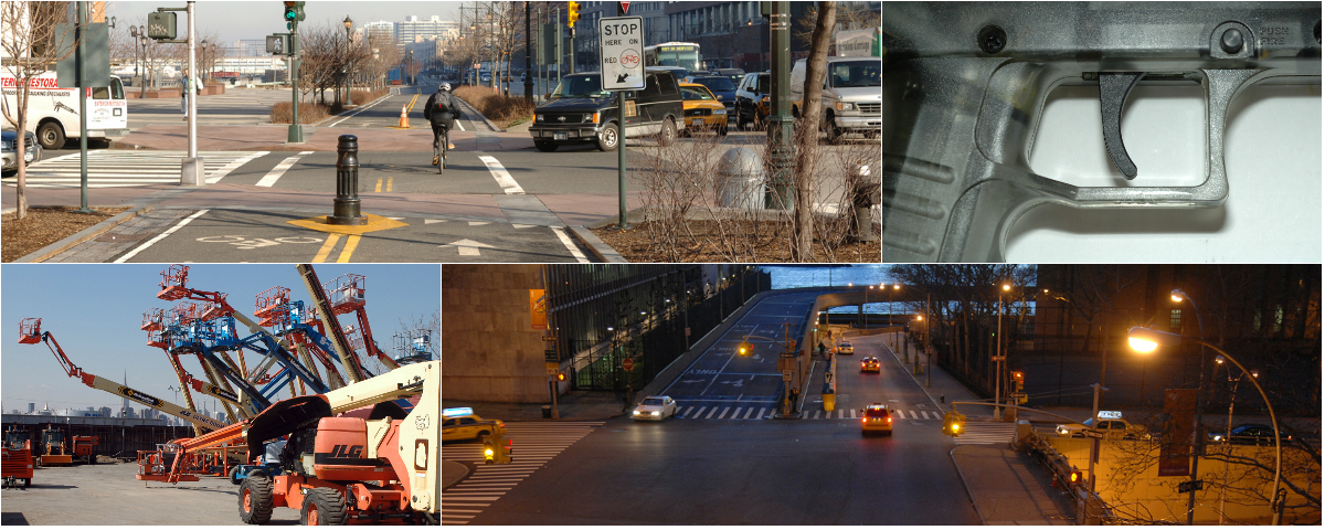 Photography collage of bike trail, heavy construction equipment, roadway